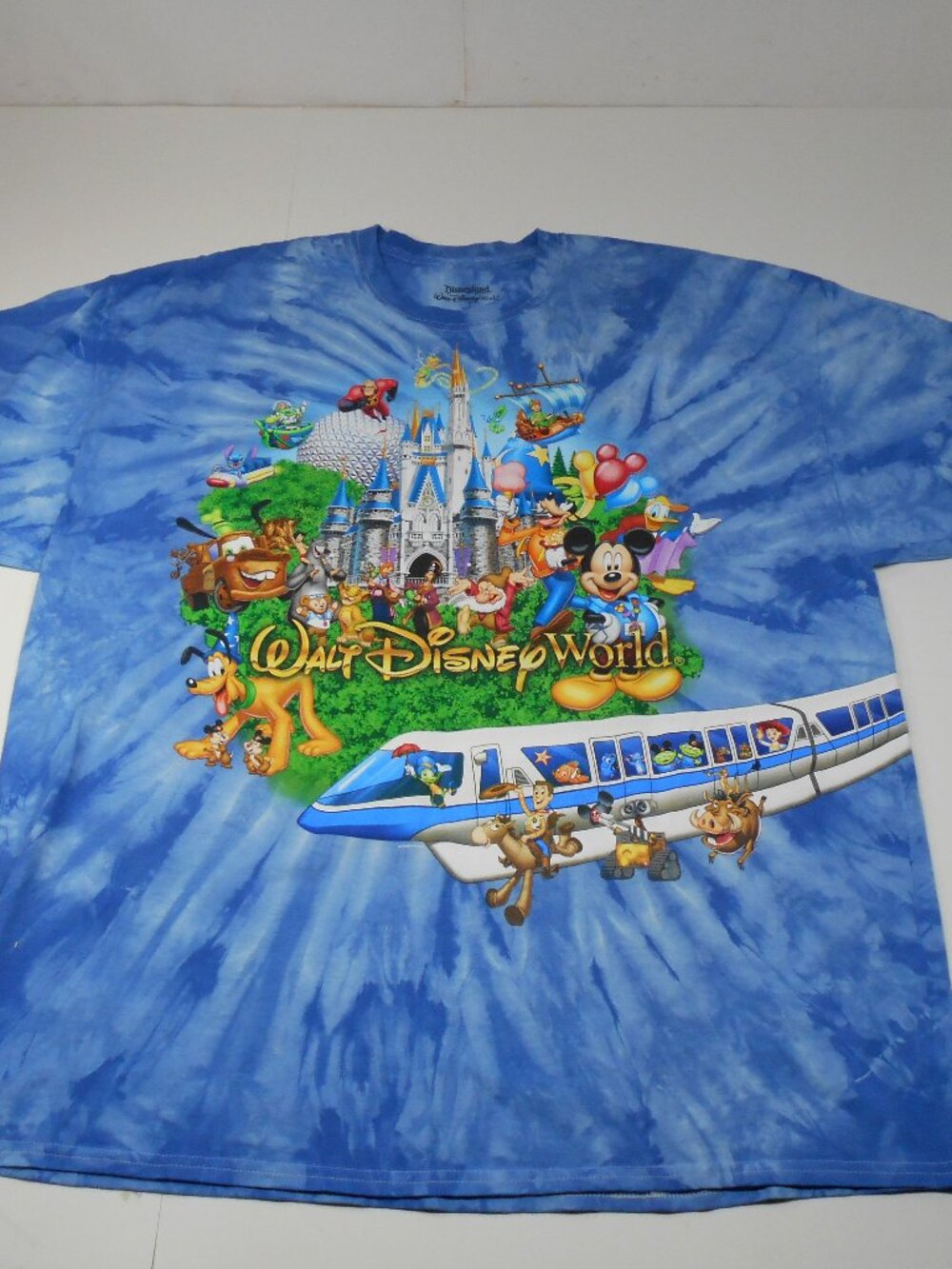 Walt Disney World Blue Tie Dye T-Shirt Many Diseny Characters Cars ++ Size 2XL